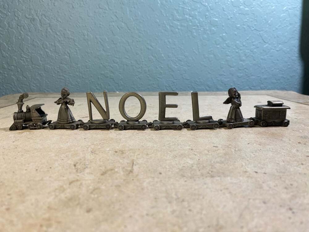 Vintage Fort Pewter NOEL Christmas Train 8-Piece Figurine Set with Angels
